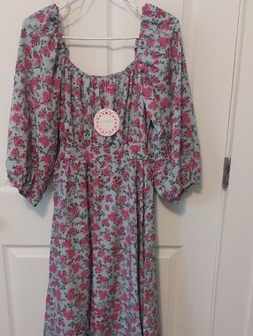 Umgee Open Back Blue Floral Dress with Pink Blooms Size Med NWT
